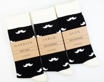 Groomsmen socks, Wedding socks gift set, Black & White socks, Mustache socks, Men dress socks black, Black wedding socks,Custom socks labels