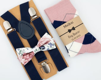 kids Navy suspenders, dusty rose, dusty blue, sage floral bow tie, dusty rose, ivory and navy argyle socks, kids outfit, kids floral bow tie