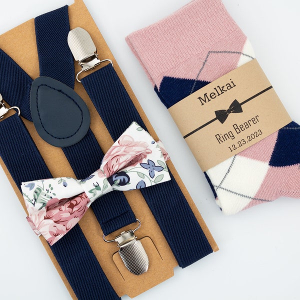 kids Navy suspenders, dusty rose, dusty blue, sage floral bow tie, dusty rose, ivory and navy argyle socks, kids outfit, kids floral bow tie