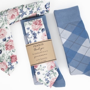 Pale blue, dusty rose and sage floral tie, Steel blue argyle socks, Birdy grey dusty blue necktie, matching kids bow tie, Dusty blue tie