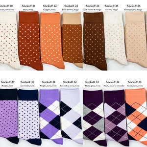 Picture # 2 out 5, has 18 more pairs of socks in deferent colors and designs. Colors are perfect match for fall and spring weddings. Main colors are rust orange, brown, champaigne, cream, beige, copper, shades of purple and lavender.