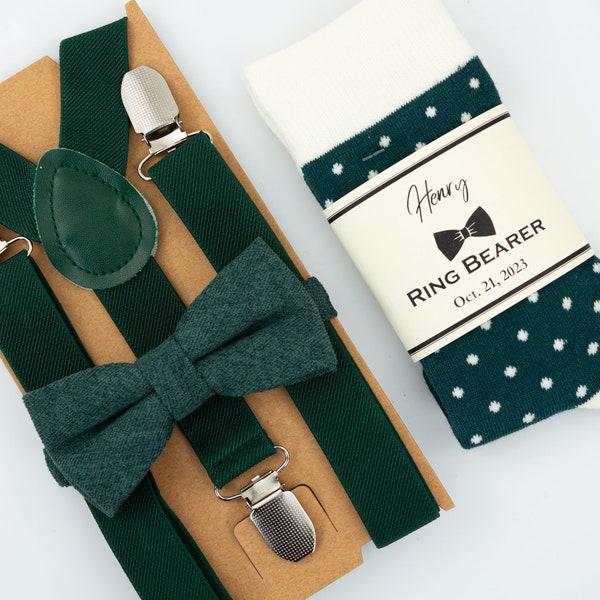 Emerald green tie, kids suspenders and socks, Emerald green suspenders, ring bearer outfit, emerald green velvet bow tie, kids green socks