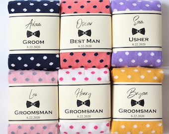 6 Pairs of polka dot socks in mix colors, Groomsmen socks, Socks Labels,  Personalized Groomsmen socks, Father's day Gift