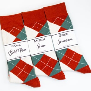 Groomsmen Burnt orange, cream and sage color socks, Terracotta Groomsmen socks, Burnt orange wedding socks, Custom socks labels, Rust socks