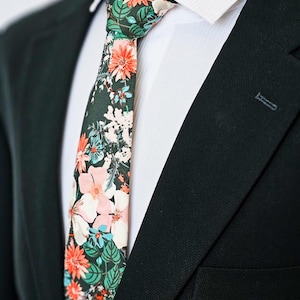 Dark green floral tie, cream floral tie, Coral cream floral tie, Emerald floral tie, Forest green tie, Rustic wedding floral tie, Cream tie