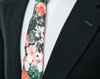 Dark green floral tie, cream floral tie, Coral cream floral tie, Emerald floral tie, Forest green tie, Rustic wedding floral tie, Cream tie