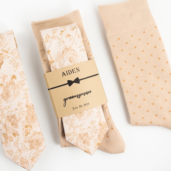 Champagne floral tie and polka dot socks, Luxury beige tie, Neutral floral tie, Rose gold wedding floral tie and socks, Champagne gold tie