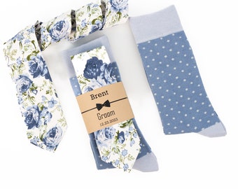 Dusty blue necktie, David bridal dusty blue floral tie, Azazie dusty blue tie, Birdy grey dusty blue tie, Groomsmen dusty blue socks & tie