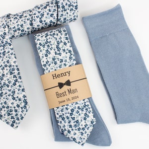 Dusty Blue floral tie, shades of blue tie, Groomsmen faded blue tie, Groomsmen dusty blue socks, Azazie steel blue floral neck tie