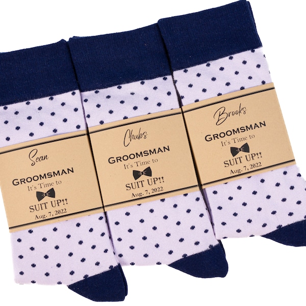 Groomsmen lavender and navy polka dot socks, Lilac wedding socks, Groomsmen socks gift, Custom labels for socks, light purple dress socks