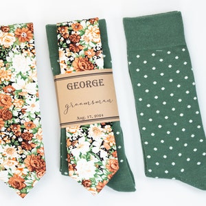 Azazie Eucalyptus groomsmen socks, Rust wedding tie, Burnt orange and sage floral tie, Cognac Brown tie, Rustic Wedding tie