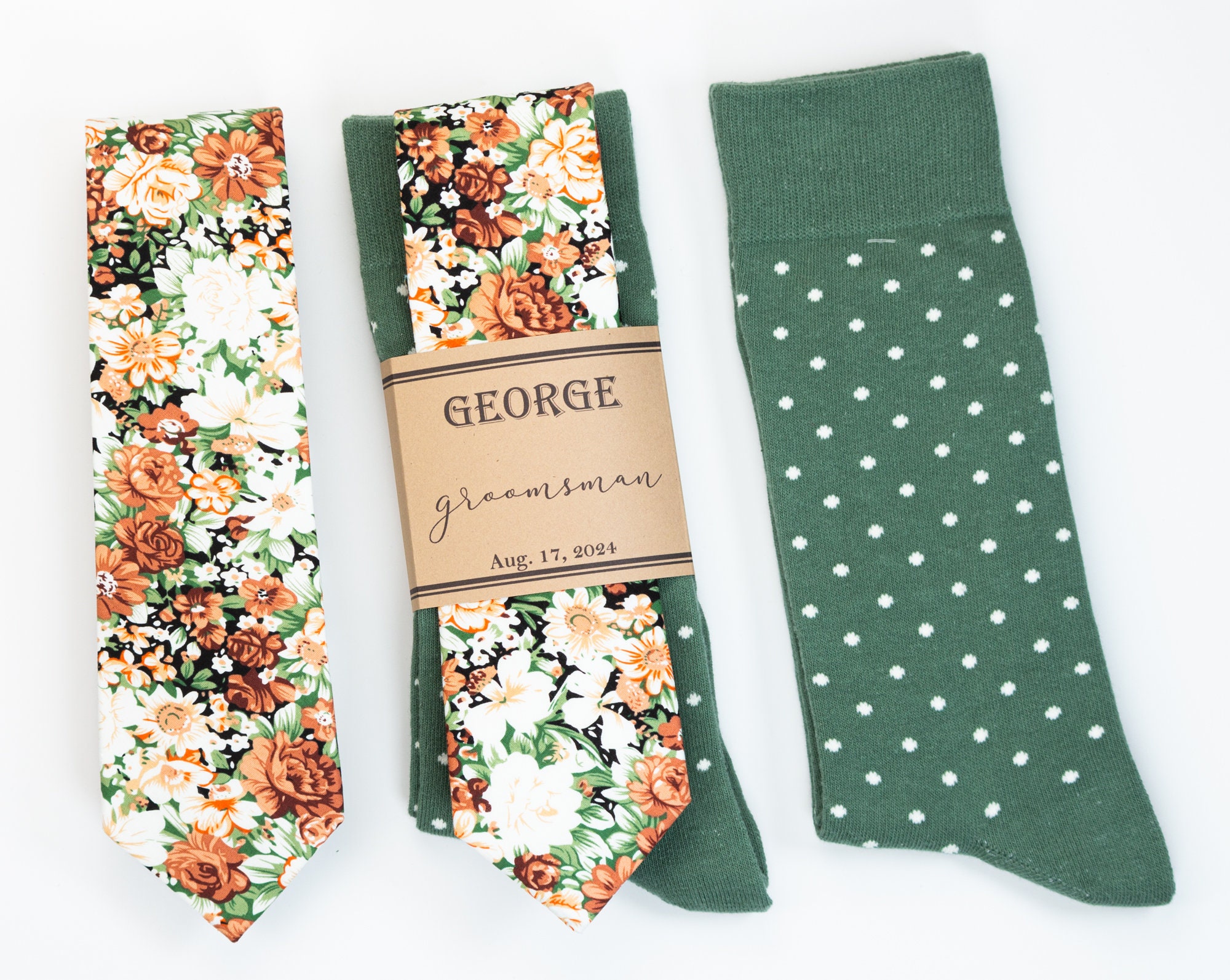 Azazie Eucalyptus groomsmen socks, Rust wedding tie, Burnt orange and sage floral tie, Cognac Brown tie, Rustic Wedding tie