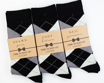 Black, grey and grey white argyle socks, Groomsmen black socks, Black and grey wedding socks, Groomsmen socks gift set, custom socks labels