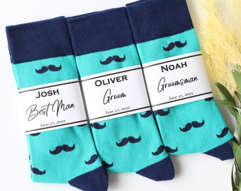 Groomsmen socks labels, Custom labels, Turquoise men Socks, Groomsmen Socks, Men socks, Turquoise blue socks, Mustache Socks