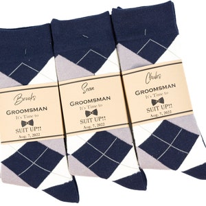 Groomsmen navy socks, Personalized socks for groomsmen, Navy, grey and ivory argyle socks, Custom socks labels, Navy blue wedding socks