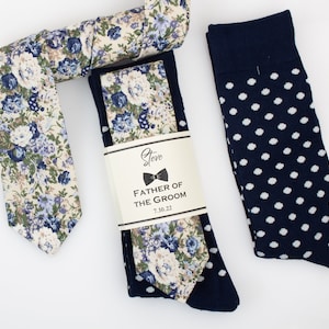 Sage, cream and blue floral tie, Navy and ivory polka dot socks, sage floral tie, Off white with forest green floral pattern tie, tie gift
