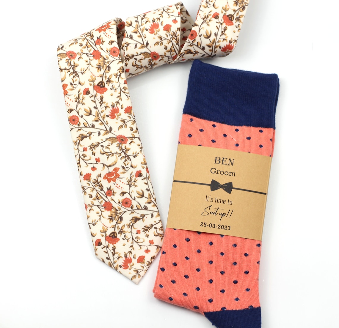 Groomsmen socks and ties Coral and Navy socks Coral floral image 1