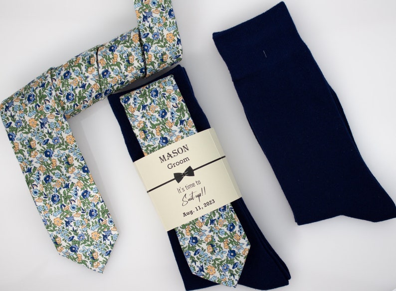 Sage green floral tie Solid navy socks Sage green and navy image 1