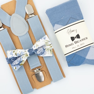 Dusty blue suspenders, dusty blue, sage floral tie, dusty blue, steel blue & grey argyle socks, dusty blue wedding outfit, kids floral tie