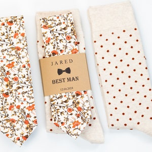 Terracotta floral tie, Burnt orange floral tie, Cream and burnt orange socks, Copper fall color socks and tie, Groomsmen terracotta socks