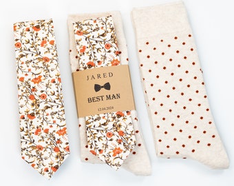 Terracotta floral tie, Burnt orange floral tie, Cream and burnt orange socks, Copper fall color socks and tie, Groomsmen terracotta socks