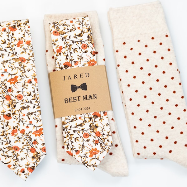 Terracotta floral tie, Burnt orange floral tie, Cream and burnt orange socks, Copper fall color socks and tie, Groomsmen terracotta socks