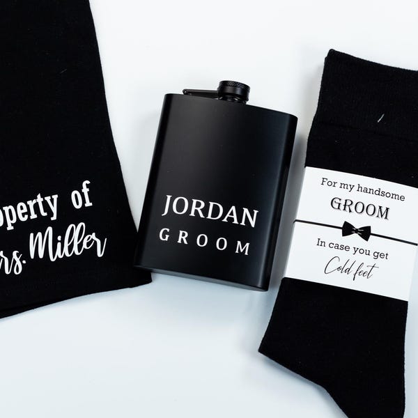 Calzoncillos y calcetines para boda, Ropa interior para novio, Calzoncillos bóxer personalizados para novio, Bóxers personalizados para hombre, Petaca personalizada, Calcetines para boda