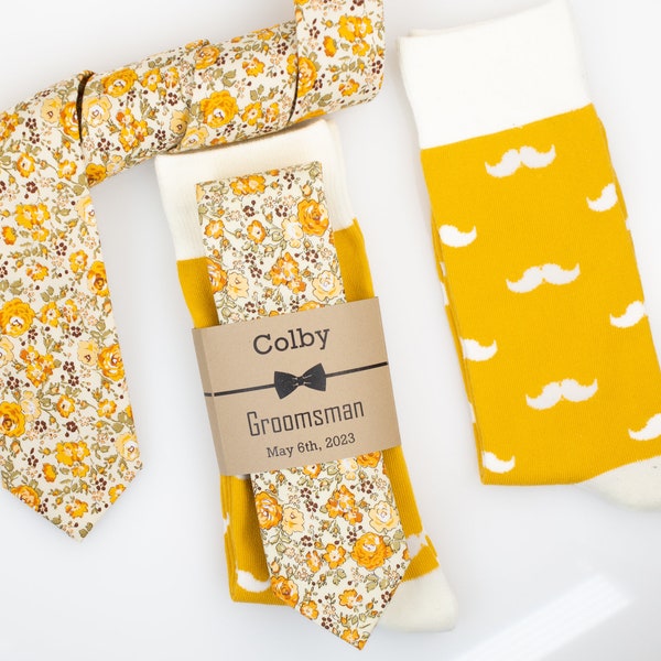 Marigold floral tie, Rustic Yellow floral necktie, Yellow mustache socks, mustard yellow floral tie, Groomsmen marigold socks