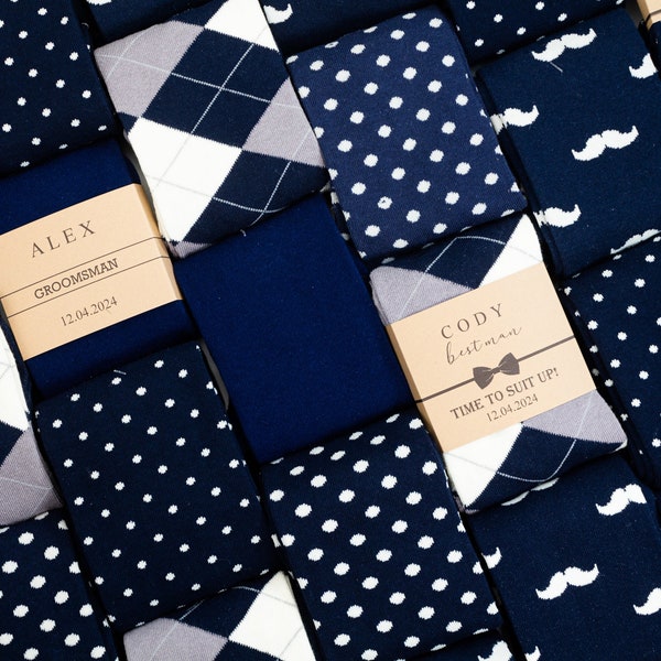 Groomsmen socks , Navy socks, Mustache socks, Navy polka dot socks, Men black socks, custom socks labels, Groomsmen Navy socks