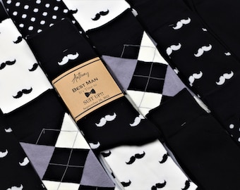 Classic black socks for men, Groomsmen black socks, Black dress socks, Black white mustache socks, Wedding day Groom black socks, Socks gift
