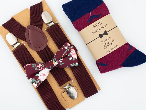 Wine Color Suspenders, Dark Burgundy, Blush and Sage Floral Tie, Burgundy  and Navy Mustache Socks, Kids Dress Socks, Ring Bearer Outfit - Etsy