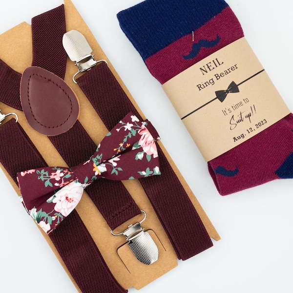 Wine color suspenders, dark burgundy, blush and sage floral tie, burgundy and navy mustache socks, kids dress socks, Ring bearer outfit