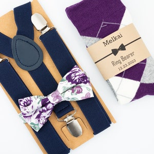 Plum, purple, sage floral tie, navy kids suspenders, plum, grey & ivory argyle kids socks, dark purple kids bow tie, kids dress socks