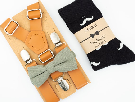 Brown/ Tan Suspenders, Dusty Sage Bow Tie, Black and White Mustache Socks, Kids  Black Dress Socks, Dusty Sage Wedding Tie, Toddlers Bow Tie