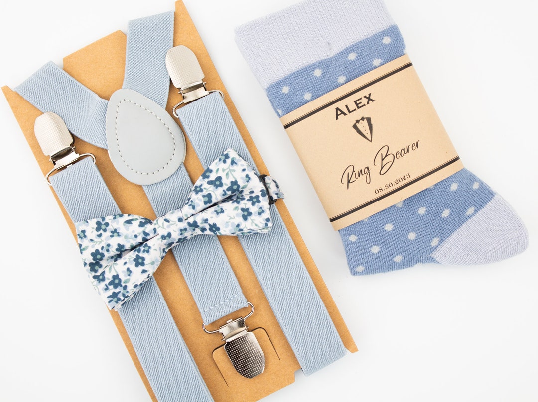 Dusty Blue Floral Tie, Suspenders and Polka Dot Socks for Kids. Dusty