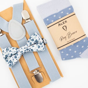 Dusty blue floral tie, suspenders and polka dot socks for kids. Dusty blue suspenders bow tie set, kids socks, dusty blue socks, kids tie