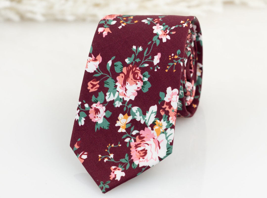 Burgundy Floral Tie Maroon and Blush Tie Groomsmen Tie - Etsy