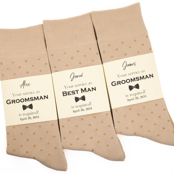 champagne color dress socks, Boho wedding Groomsmen proposal socks, Custom Labels, champagne polka dot socks, Shabby chic wedding socks