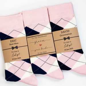 Groomsmen socks, Blush, Navy & Ivory Argyle Socks, Groomsmen gift socks set, Pink men dress socks, custom socks labels, Blush wedding socks