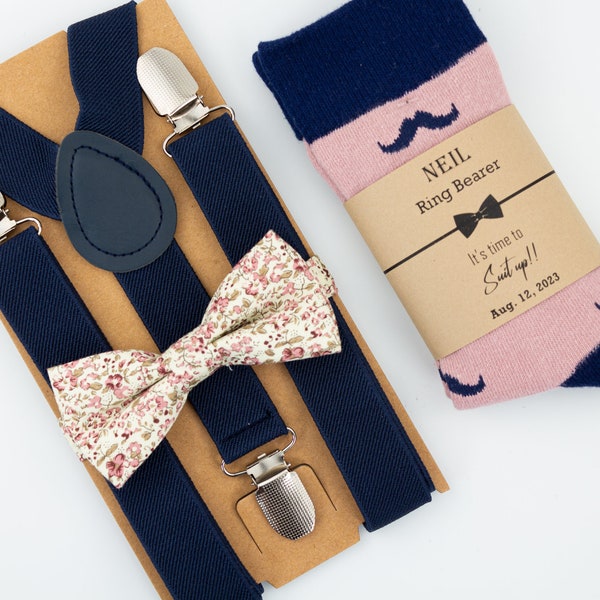 kids Navy suspenders, dusty rose floral tie, dusty rose, navy mustache socks, kids formal dress suspenders & tie, ring bearer outfit