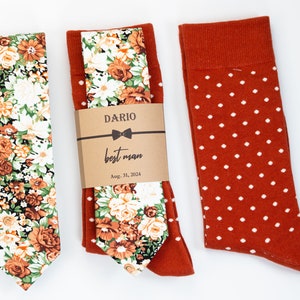 Rust orange floral tie and socks, Groomsmen terracotta socks, Burnt orange and sage floral tie, Sedona floral tie, Rust wedding socks