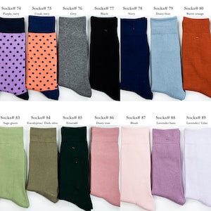 Last picture of socks, there are 15 different solid color socks. Elegant and sober colors like dusty blue, terracotta, burnt orange, burgundy, wine, sage, lavender haze, plum, black, navy, grey, peach, desert coral, dusty rose and blush color socks.