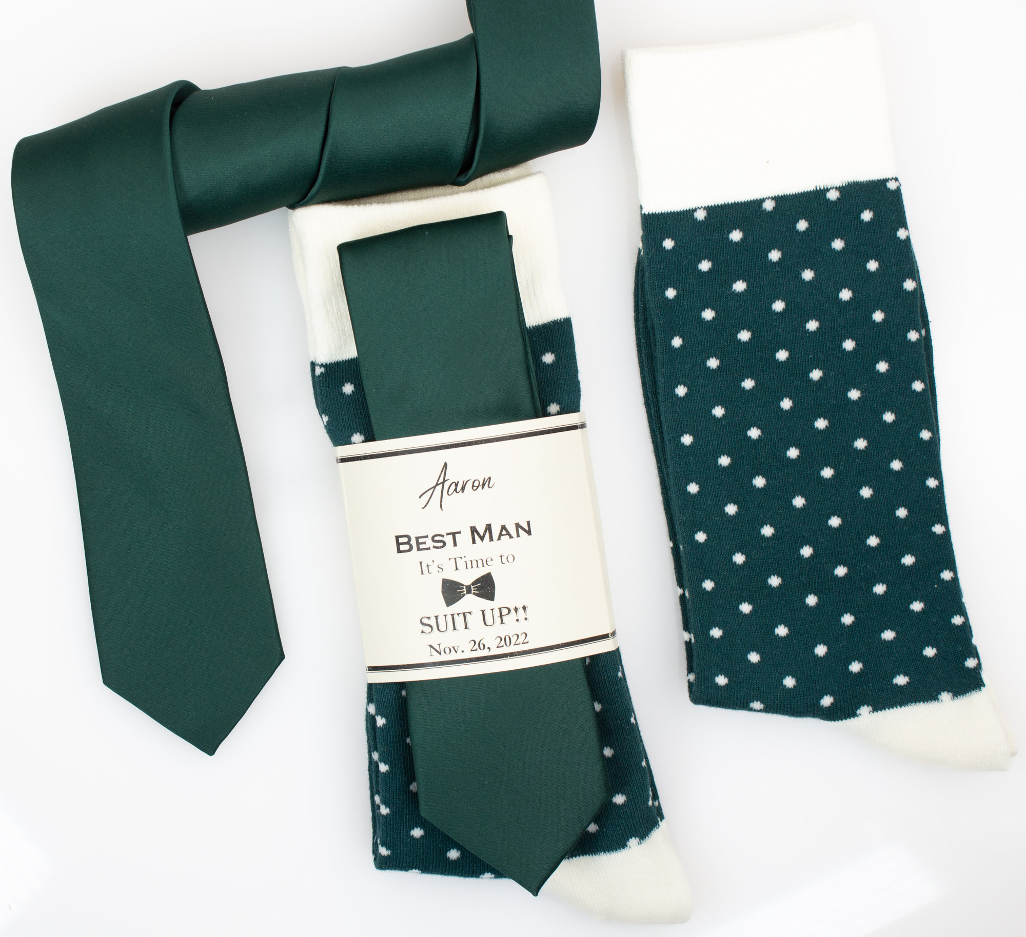 Deep green satin tie, Emerald and ivory polka dot socks, Hunter green tie, Forest green satin silk tie, Deep green groomsmen socks
