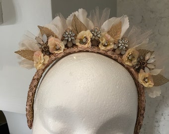 Fascinator in Blush Pink Sequin Headband Style adorned with matching small flowers and matching beading - Wedding Fascinator - Crown