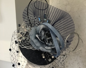 Navy Fascinator - Navy Button Style Fascinator trimmed with Cornflower Blue, Silver, Diamante & OB Crystals Weddings - Races