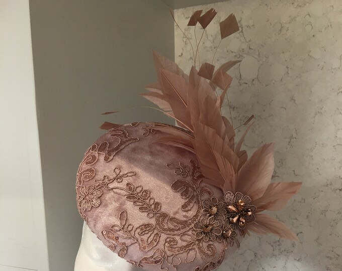 Dusky Pink Fascinator Hat. Large Blocked Headpiece Covered in a Dusky Pink Velvet and Topped
