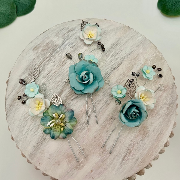SET OF 3 Blue Turquoise Teal Flower Silver Hair Pins Pin Clip Bride Bridesmaids MOH Handmade Boho Whimsical Fairytale Wedding Bridal Party