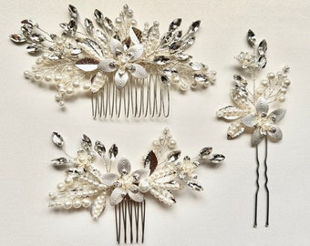 Silver Handmade Wedding Hair Accessories Hairpins Hairpin comb silver flower leaves bridal party gifts pearls beads MOB bridesmaids bride