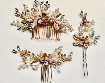 Warm Gold Fall Wedding Hair Accessories Hairpins Hairpin hair combs gold flower leaves bridal party gifts pearls beads MOB bridesmaids bride