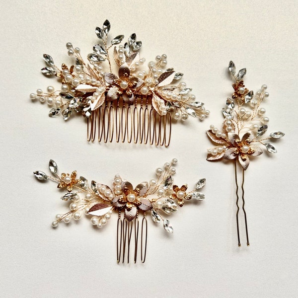 Warm Gold Fall Wedding Hair Accessories Hairpins Hairpin hair combs gold flower leaves bridal party gifts pearls beads MOB bridesmaids bride